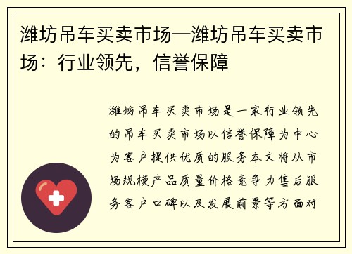 潍坊吊车买卖市场—潍坊吊车买卖市场：行业领先，信誉保障